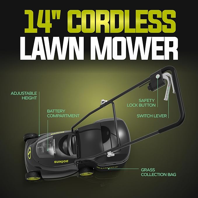 Sun Joe MJ24C-14-XR 24V IONMAX Walk-Behind Lawn Mower with 600W Motor, 14-Inch Mowing Width, Includes Collection Bag, Battery, and Charger