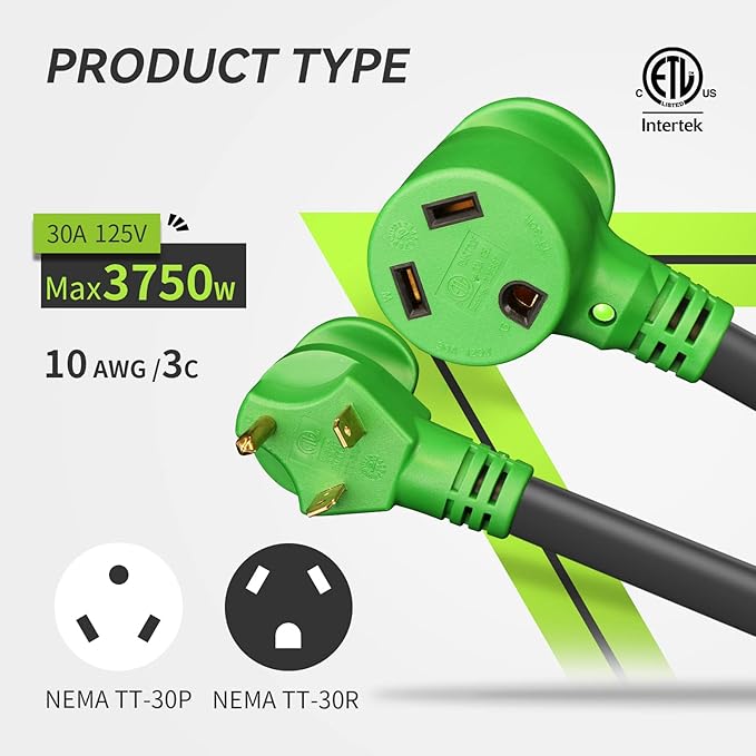 RVMATE 30 Amp 30 Feet RV Power Extension Cord with Easy Plug-in Handle, TT-30P to TT-30R, LED Indicator, 10 AWG, ETL Listed