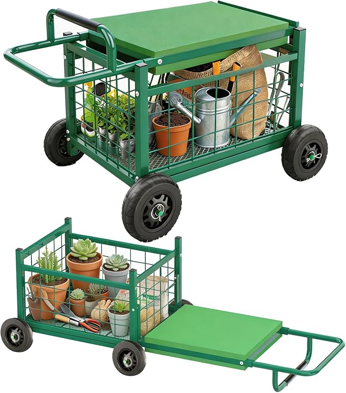 FLINTER Extra-Large Rolling Garden Cart and Kneeler, 2026 Heavy Duty Gardenning Cart with Seat and Kneeler - Garden Rolling Stools with Wheels for Seniors, Lawn, Patio & Backyard Gardening, Green