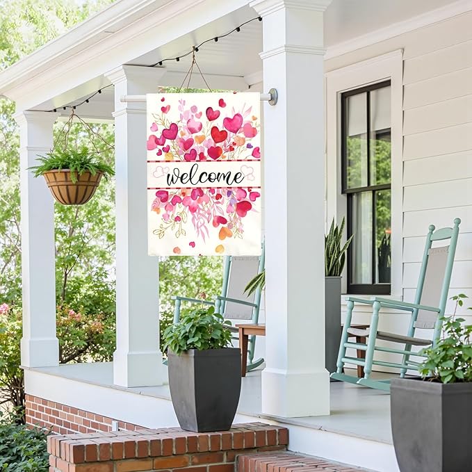 Valentines Day Garden Flag Welcome Heart Large Double Sided House Banner Romantic Red Pink Love Hearts Yard Flags for Porch Patio Lawn Farmhouse Wedding Anniversary Party Decor 28x40 Inch