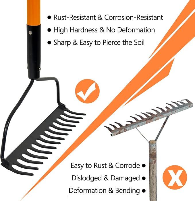 Nohovu Garden Rake - 14 Tine Heavy Duty Rake with 58 Inch Fiberglass Handle