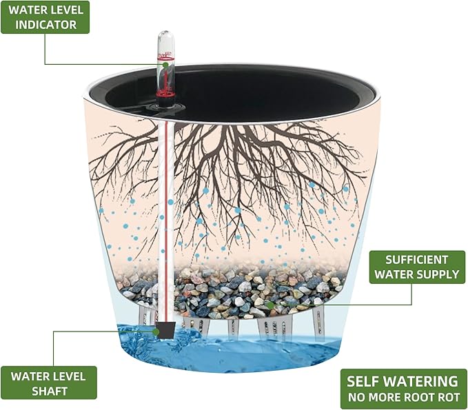 Dexceder 9x8 Self Watering Planter (Slate Gray Matte) | Inner Pot Design, Thickened Table Flower Plant Pot with Water Level Indicator Indoor Outdoor