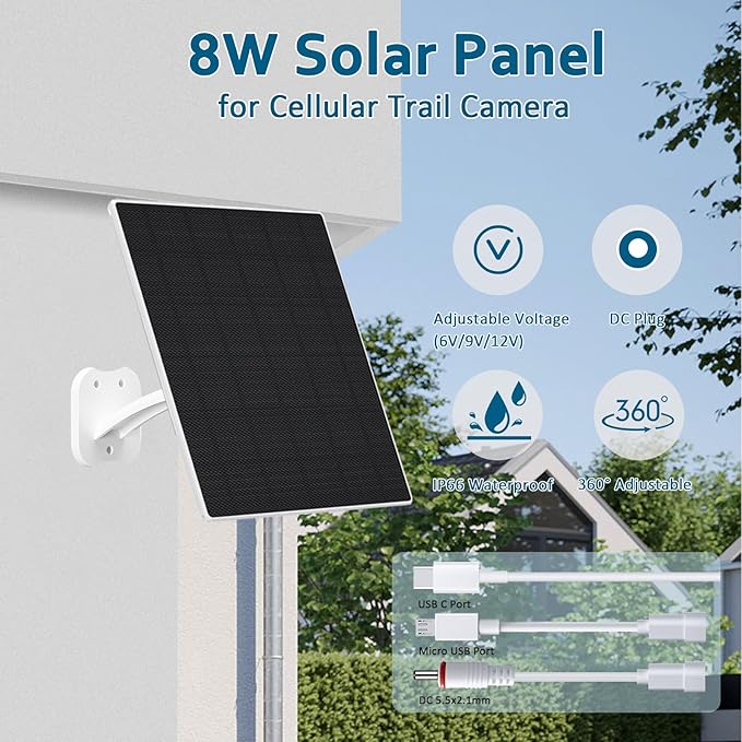 Zivif 10W Solar Panel for Security Cameras, Solar Panel Charger Camera with USB-C Cable, DC 5.5x2.1mm & Micro USB Port, IP66 Waterproof with Adjustable Mount, 7.2FT Cable
