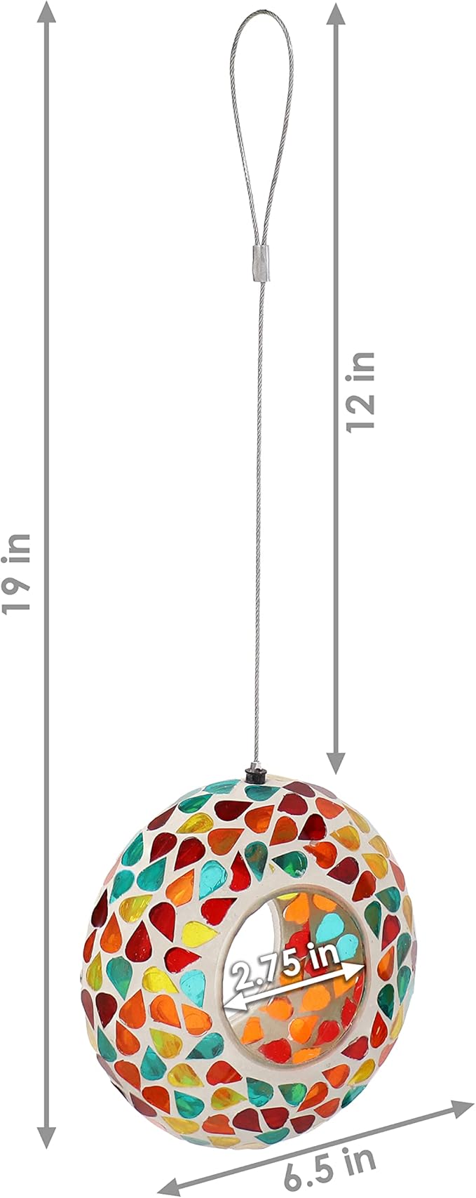 Sunnydaze 6-Inch Glass Mosaic Hanging Bird Feeder for Outdoors - Fly-Through Glass Bird Feeder for Cardinals, Jays, Finches and More - Confetti Mosaic