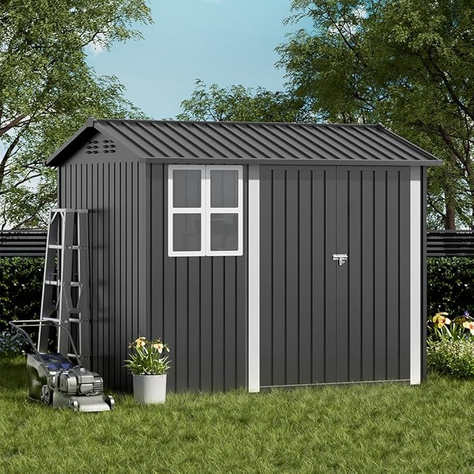 COMHOMA Shed Storage Outdoor Metal Windowed Lockable Garden Toolhouse Weatherproof Ventilated Backyard Utility Workshop(Grey,8'x6')