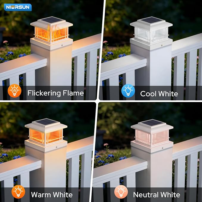 NIORSUN Solar Post Lights Outdoor, Fence Post Solar Lights with Flickering Flame Light & 3 Color Temps, Waterproof, Garden Patio Fence Deck Decor, 4x4 Posts Caps, 4x4, 5x5 Wooden & Vinyl (8Pack,White)