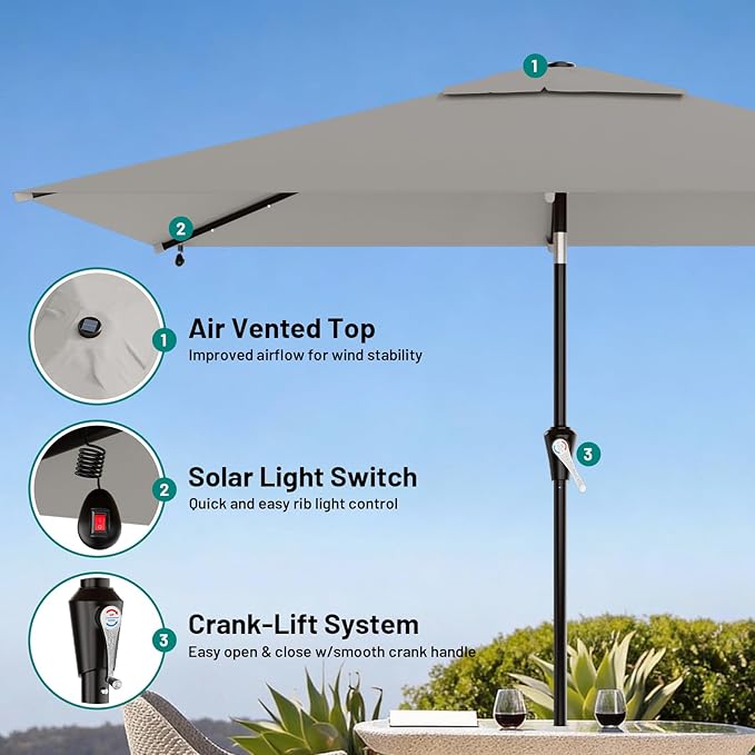 AreShark 6.5' x 10' Rectangular Patio Umbrella with Solar Lights, Solar Powered Lighted Market Umbrella w/Tilt and Crank, Outdoor Table Umbrella for Garden, Deck, Backyard, Pool and Beach, Light Gray