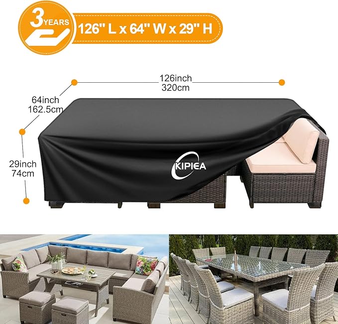 Kipiea Patio Furniture Covers Waterproof Winter, Heavy-Duty Outdoor Furniture Set Covers for Table Chairs, Anti-UV, No Tears or Fading (126" L x 64" W x 29" H)