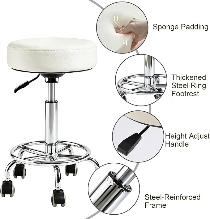 Adjustable Rolling Stool with Wheels Heavy Duty 500lb Round RollingStool with Footrest, Patent Leather Drafting Stool Chair with Wheels Work Spa Salon Seat,White