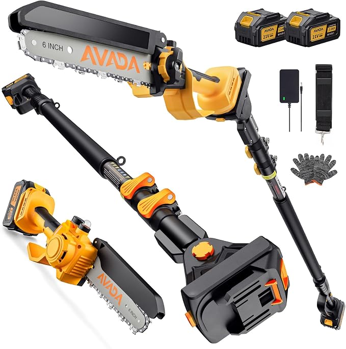 2-IN-1 Cordless 6-Inch Pole Saw & Chainsaw - 1200W Brushless Motor, Total Reach of Max 15.7 FT, Lightweight, Electric Pole Saws for Tree Trimming Pruning with 2× Batteries