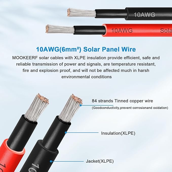 MOOKEERF Solar Panel Extension Cable - 10AWG 50FT Solar Wire with Waterproof Male & Female Connectors for RV, Home, Boat, Car (Red + Black)