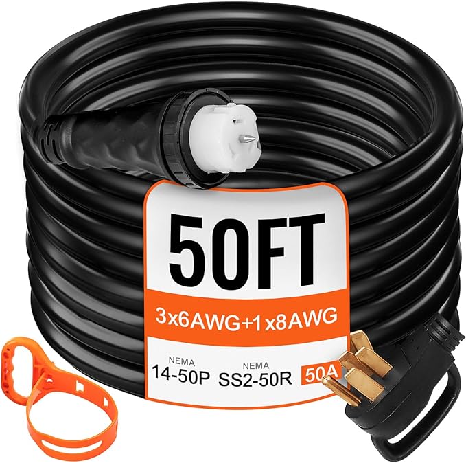 VEVOR 50FT 50 Amp Generator Extension Cord, STW 45446 + 45505 125V 250V Generator Power Cord, N14-50P & SS2-50R & CS6364 Twist Lock Connectors