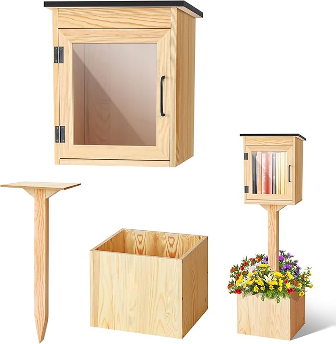 Wonderjune Outdoor Little Library Kit Free Library, Weatherproof Solid Wood Book Exchange Box with Floor Plugs and Small Flower Fence for Neighborhoods Community, Literature, School(Natural Wood)