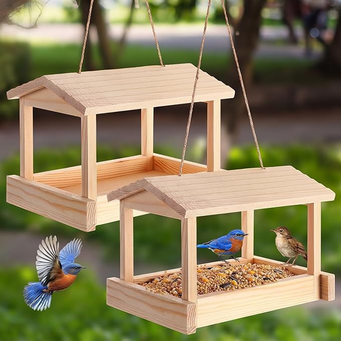 2 Pcs Wooden Bird Feeder for Outdoor Hanging, Platform Bird House, Rustic Garden Yard Decorations for Wild Birds, Cardinals, Finches, Bluebirds, Include Sloped Roof and Sturdy Rope
