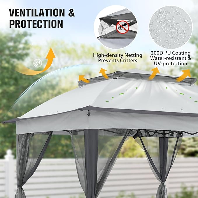 COOS BAY Pop up Gazebo 11x11, Instant Canopy Tent with Mesh Netting, Patio Gazebo with 121 Square Feet of Shade, 4 Weight Bags Included, Gray