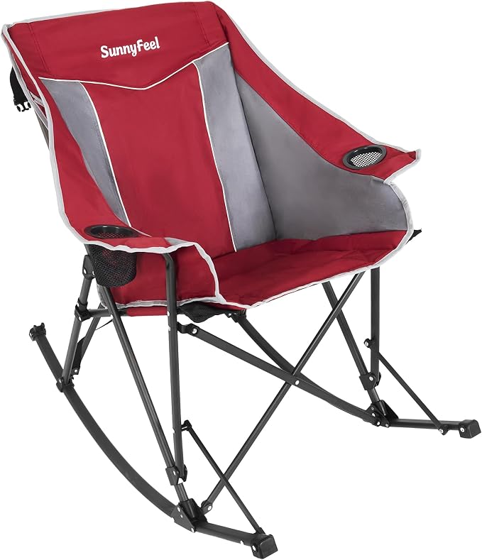 SUNNYFEEL Oversized Folding Rocking Camping Chair Fully Padded Patio Chair Red Portable Outdoor Rocker High Back Portable Lawn Recliner with Side Pocket Camp Rocker Chairs Heavy Duty 500 LBS