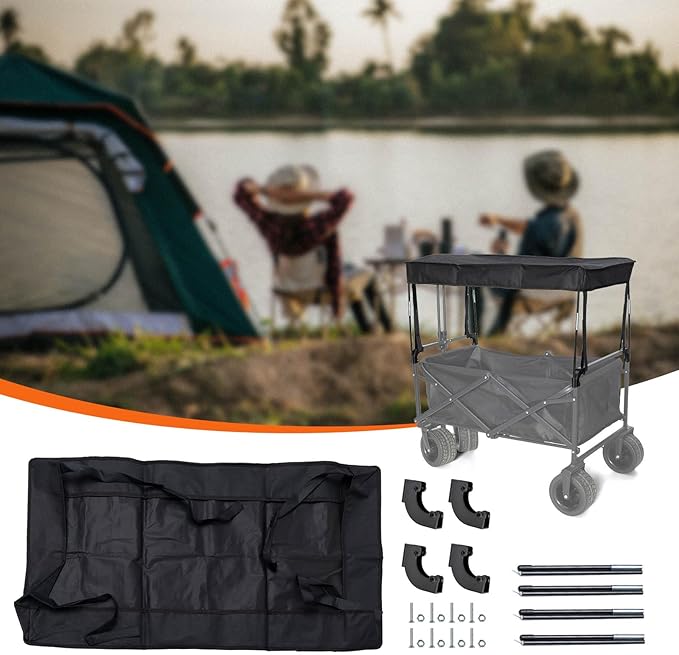 Removable Wagon Canopy Attachment with Rods – Foldable Sun Shade Cover for Collapsible Beach Utility Push Pull Cart, Outdoor Picnic Trolley (Black)