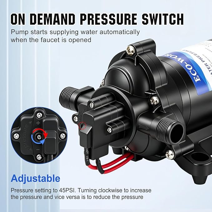 ECO-WORTHY RV Fresh Water Pump 12V DC 3.5GPM 45PSI with Pressure Switch, 12Volt Self Priming Water Pressure Diaphragm Pump On demand for RV Yacht Camper Sprayer Food Truck Black
