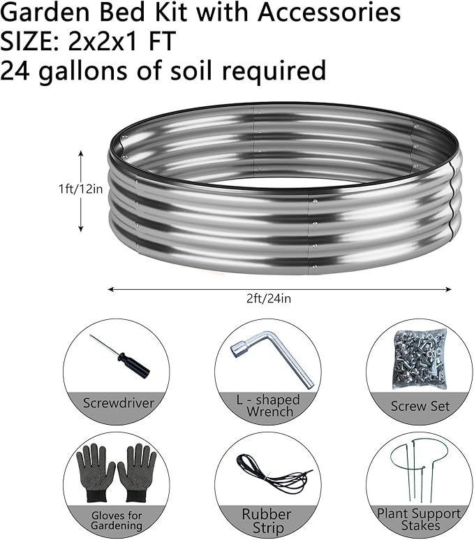 ZFHgarden Galvanized Metal Planter Round Raised Garden Bed Kit for Gardening Outdoor，2x2x1ft 2pc Grow Garden Box Raised Flower Bed，Round Galvanized Planter Outdoor Metal Fire Pit Ring