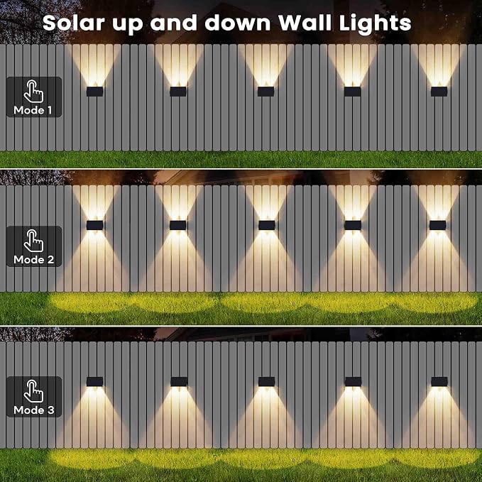 Fence Lights Solar Powered, 8-Pack Solar Fence Lights Up/Down Flexible Buttons, IP67 Waterproof for Outdoor, 100LM Bright, Auto Dusk to Dawn for Wall/Stairs/Yard/Railing/Deck/Pathway (Warm White)