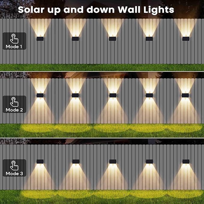 Fence Lights Solar Powered, 4-Pack Solar Fence Lights Up/Down Flexible Buttons, IP67 Waterproof for Outdoor, 100LM Bright, Auto Dusk to Dawn for Wall/Stairs/Yard/Railing/Deck/Pathway (Warm White)