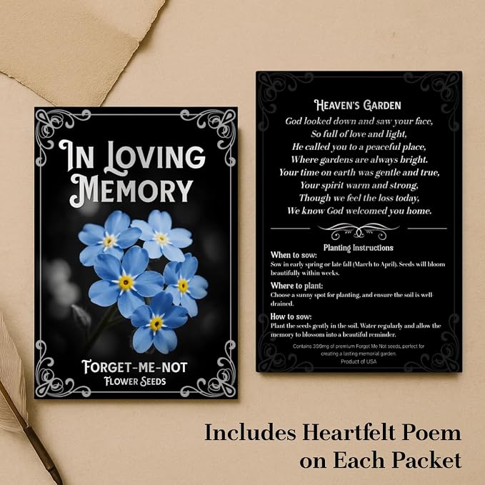 60Pack Forget Me Not Seeds Bulk - Memorial Seed Packets for Funeral Favors, Celebration of Life, Remembrance Gifts - Easy Planting Spring Flower Seeds Outdoor Garden Decor