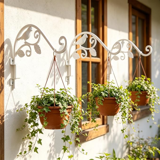 Outdoor Plant Hangers, 2 Pack 15.15 inch Swivel Plant Hooks for Wall Sturdy Wrought Iron Plant Hangers Outdoor, Hanging Plant Bracket Heavy Duty for Bird Feeders, Planters, Lanterns, Wind Chime,White