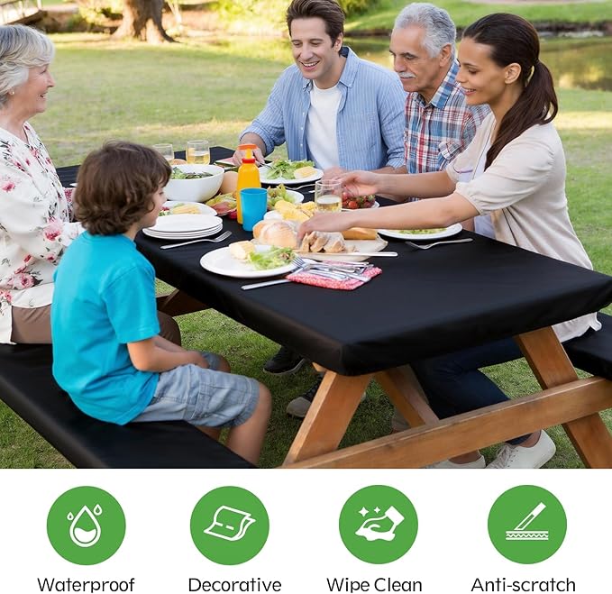 Picnic Table Cover with Bench Covers, Fitted 6ft Waterproof Tablecloth Set for Outdoor Camping & RV - Includes 1 Table Cover & 2 Bench Covers with Drawstring Storage Bag, 30"x72", Solid Black