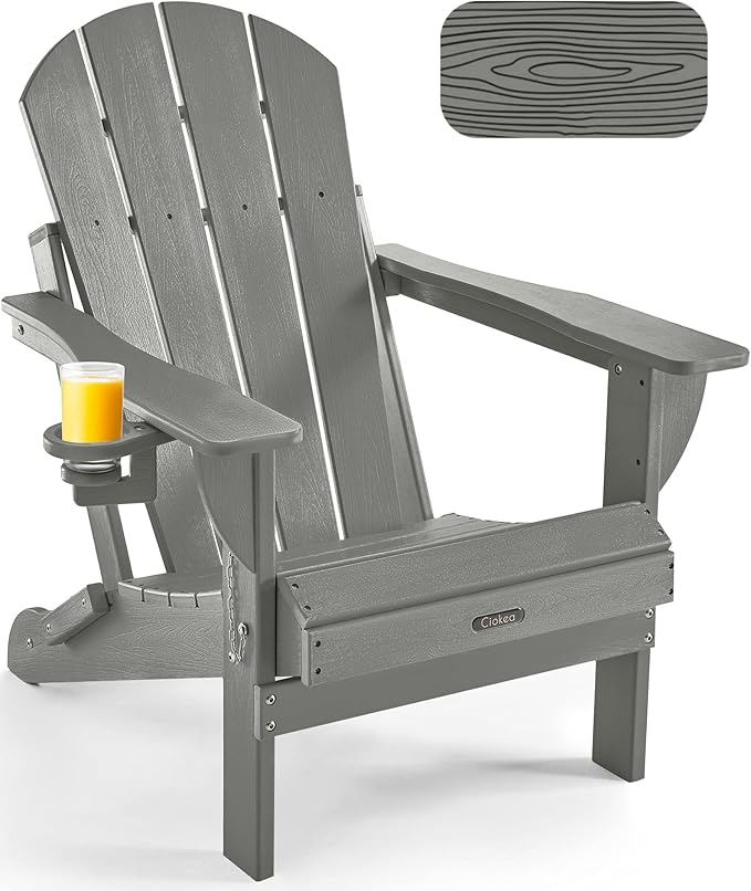 Ciokea Folding Adirondack Chair Wood Texture, Patio Chair Weather Resistant, Plastic Fire Pit Chair with Cup Holder, for Lawn Outdoor Porch Garden Backyard Deck (Grey)