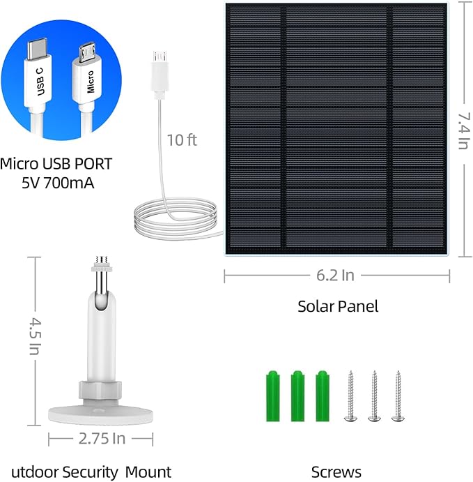 5W Solar Panel for Security Camera, Solar Panel with Micro USB & USB-C Port for DC 5V Outdoor Rechargeable Battery Camera, IP65 Waterproof, 360° Adjustable Security Mount, 9.8ft Cable(White 1PC)