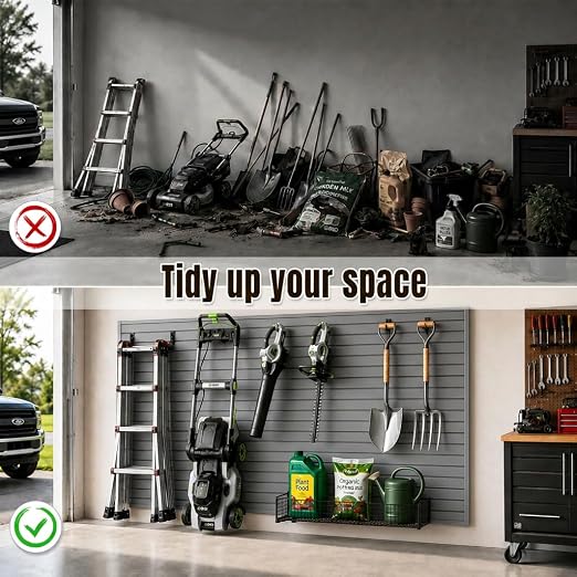 SMARTSTANDARD Slatwall Panel 4x8 FT, Garden Wall Organizer with 31 Garden Tool Hooks & Baskets,Heavy Duty PVC Slat Wall Panels for Gardening, Easy to Install & DIY Cutting (Gray)