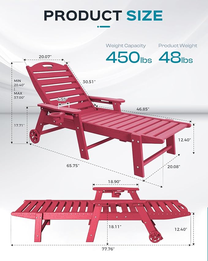 Outdoor Lounge Chair Set of 4, All Weather Patio Chaise Lounge Chair for Outside, HDPE Chair with Rolling Wheels & Cup Holder, 5 Position, Deck, Pool, Red
