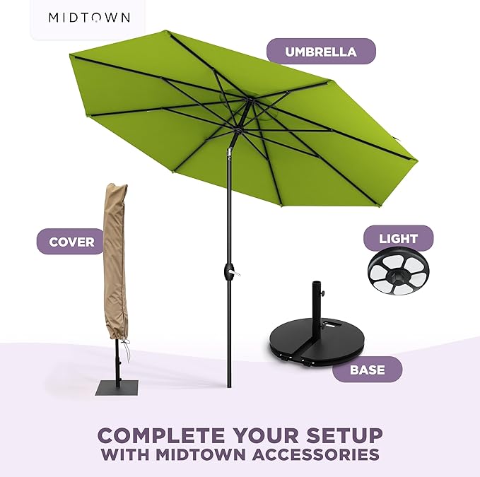Midtown Umbrellas - 10-Year-No-Fade 8 Ft Patio Umbrella with Terylast Fabric, Auto-Tilt Aluminum Frame and 8 Reinforced Ribs for Deck, Pool, Garden & Beach - Pear Green Canopy, Black Pole