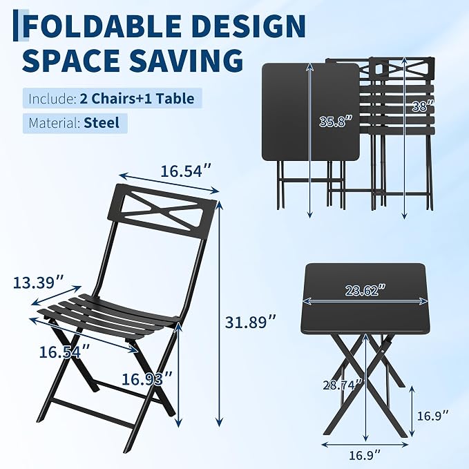 GarveeTech 3-Piece Folding Bistro Set, Heavy Duty Outdoor Patio Furniture with 2 Chairs & 1 Table, Weather-Resistant Steel Frame, No Assembly Required for Garden, Yard, Balcony,Black