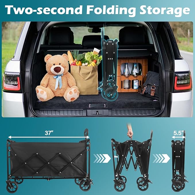 Collapsible Wagon Cart with Wheels Foldable: 500LBS Heavy Duty Folding Utility Wagon - Portable All Terrain Grocery Wagon Cart for Groceries Shopping Outdoor Camping Sports (Black-500Lbs)