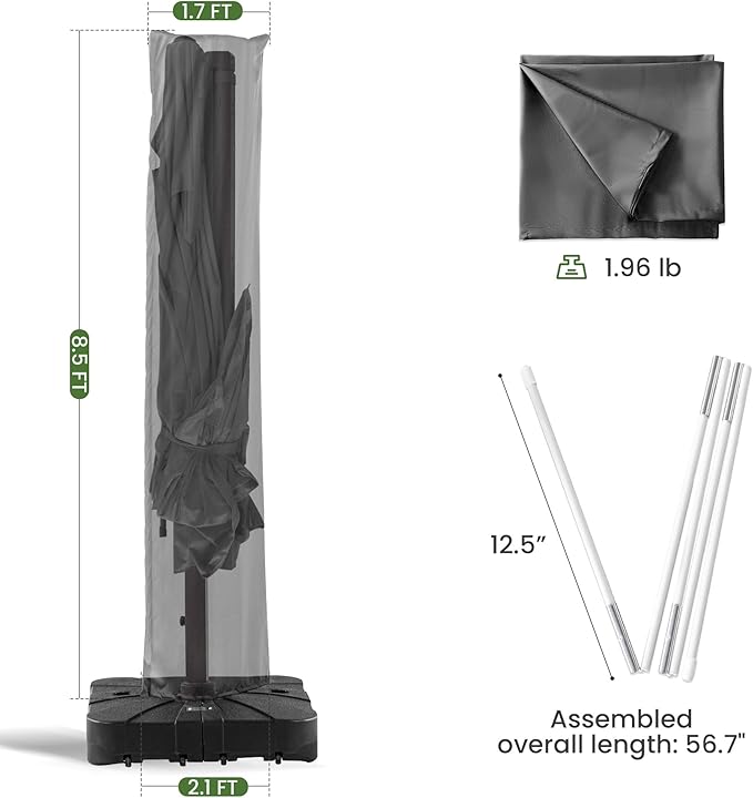 Patio Umbrella Cover Waterproof UV Resistant Outdoor Cantilever Umbrella Covers with Zipper and Rod, Grey