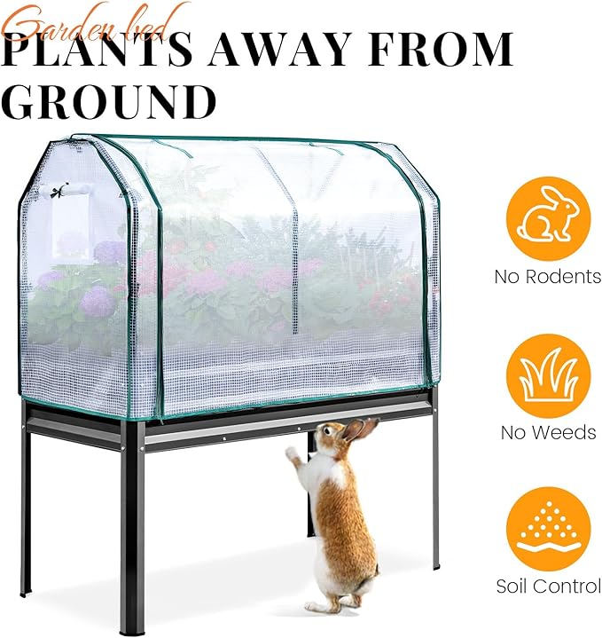 KING BIRD Large Raised Garden Bed with Cover Galvanized Elevated Planter Box with Legs 48×24×56 in for Backyard, Patio, Balcony, 400lb Capacity, Dark Grey