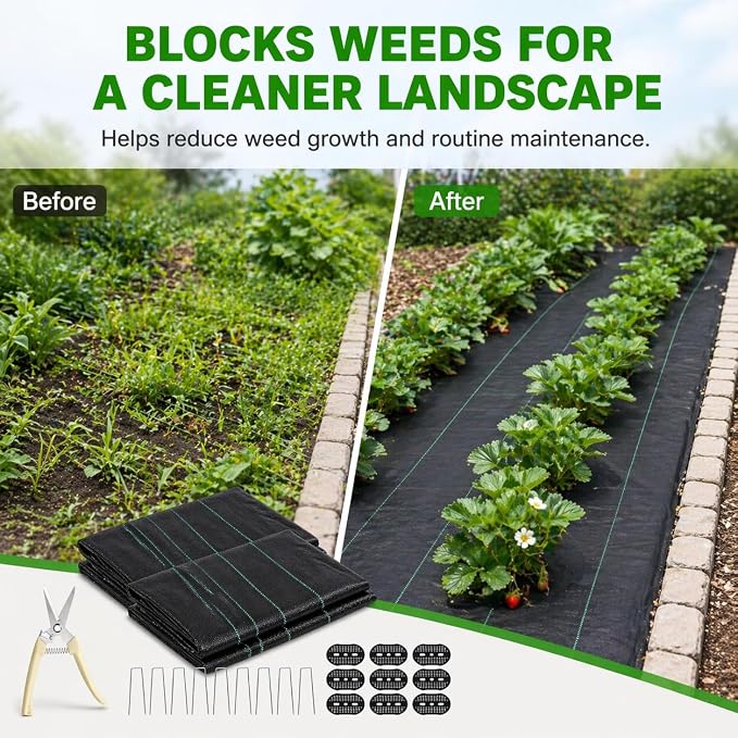 4 FTX100 FT Weed Barrier Fabric Heavy Duty, 4.23oz Landscape Fabric, with 60pcs U-Shaped Landscape Fabric Staples and 60pcsGarden Stakes Gaskets, 1 Shears