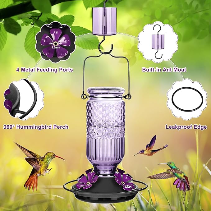 FEED GARDEN Glass Hummingbird Feeder 16 oz Hanging Outdoor Feeder with Bee-Proof Ports, Ant Moat, Leakproof, Easy to Clean & Refill, 360° Perch, Purple