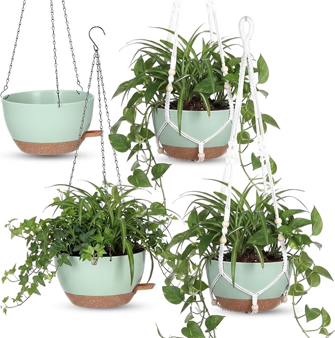 Sliner Set of 4-12 Inch Self Watering Hanging Planters Includes Hanging Pots and Outdoor Hanger Plant Pots with Drainage Holes 2 Types of Hanger Basket Hooks for Patio Garden(Green Brown)