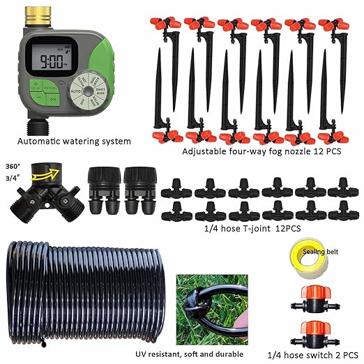 Drip Irrigation Kit Automatic Watering System with Water Timer 64FT 1/4 Tubing and 12 Rain Spray Watering Nozzles in 4 Directions for Potted Plants Yard Lawn Juvenile Plants Greenhouse Mist