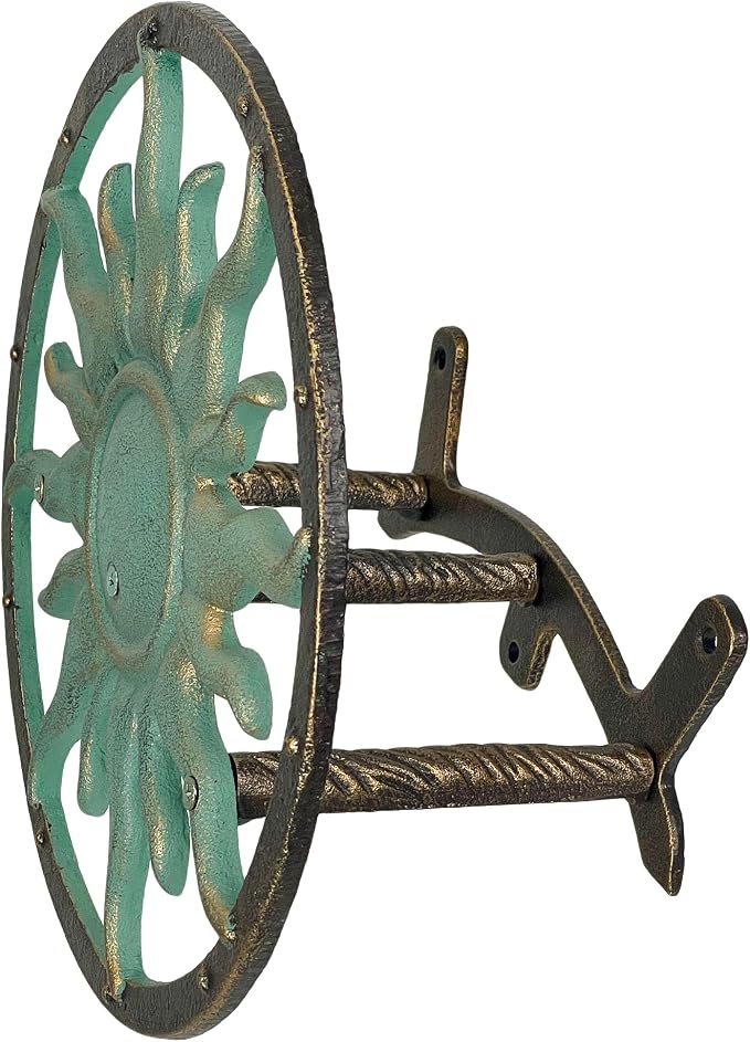 Zeckos Decorative Sun Cast Iron Hose Holder Verdigris & Bronze Finish, 11.5 in Heavy Duty Wall Mount Hose Reel, Outdoor Garden Storage Rack for Patio, Lawn, Yard, Weather Resistant, Hardware Included