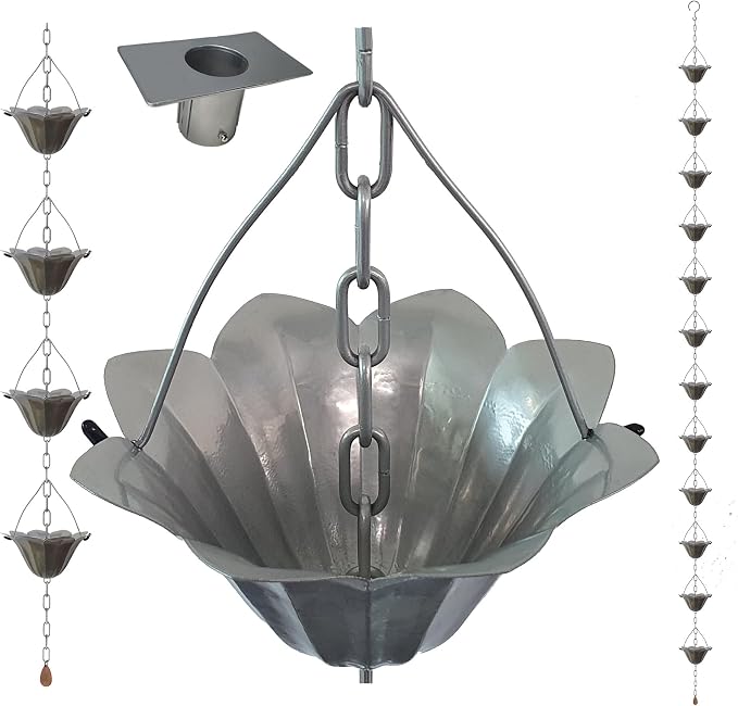 8.5FT Lotus Silver Color Iron Rain Chains for Gutter and Rain Barrel, Rust-Resistant Plated Garden Décor Rain Chain for Downspout, Bonus Rain Chain Gutter Adapter