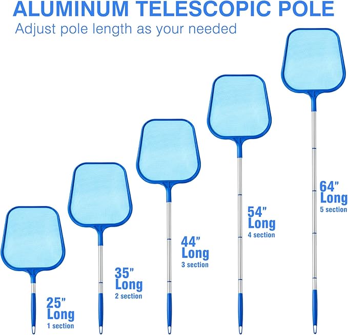 Pool Skimmer - Pool Skimmer Net with 5 Section Adjustable Telescopic Aluminum Pole, 25''- 64'', Pool Net Skimmer Rake with Ultra Fine Mesh , Pool Leaf Skimmer for Swimming Pools, Spas, Hot Tubs