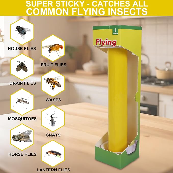 Fly Stick Sticky Fly Traps for Indoors Outdoor 12pk, Sticky Hanging Fly Stick, Flying Insect Trap, wasp Trap（Yellow 12PCS）