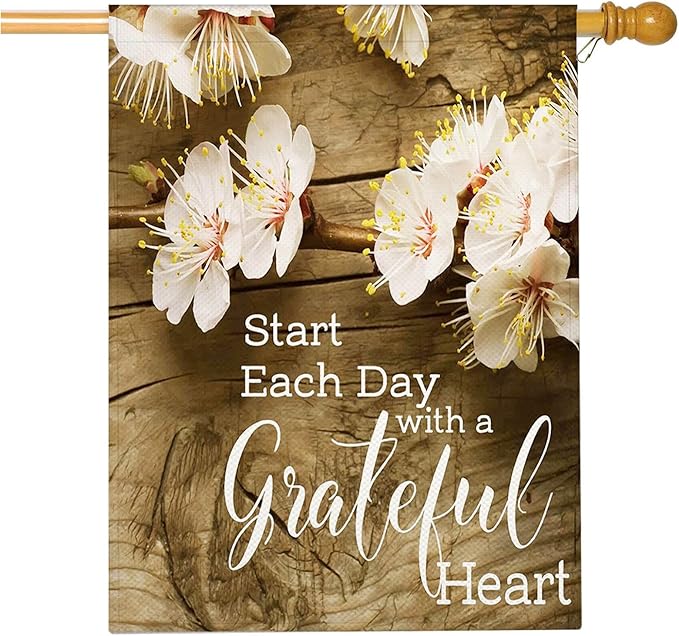 Mugod Start Each Day with A Grateful Heart Burlap House Flag 28x40 Inch Double Sided, Pink Floral Branches Large Yard Flag for Outdoor Farmhouse Holiday Decoration