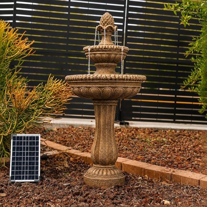 XBrand 39" Solar Water Fountain, Sand Stone Resin | 2-Tier, Outdoor