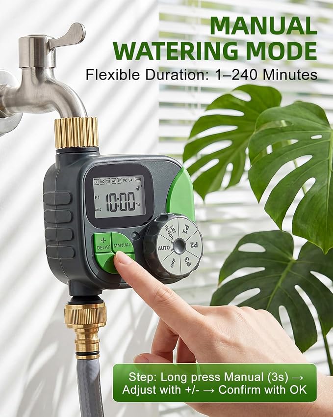 Brass Sprinkler Timer, IP55 Programmable Hose Water Timer with 3 Watering Program, Digital Watering System with Rain Delay & Manual Override, for Garden, Lawn, Yard Care - Green