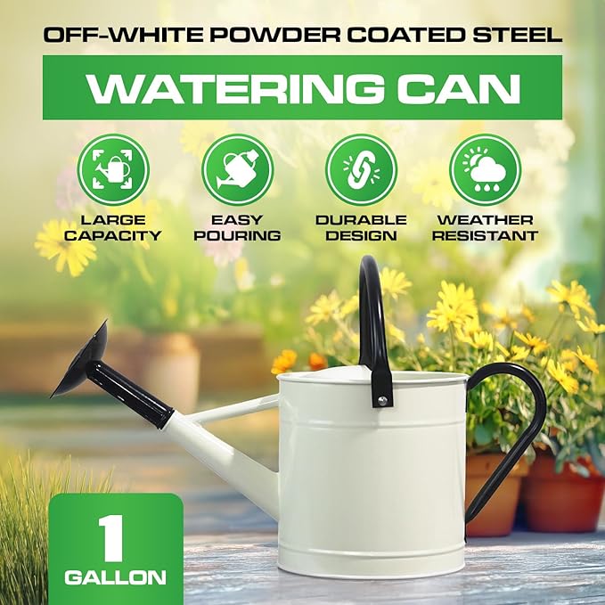 Plexon Metal Watering Can Outdoor 1 Gallon, Flower Plant Gardening Garden Large Watering Can Pot, Black Galvanized Steel Handles and Removable Spray Spout, Off-White