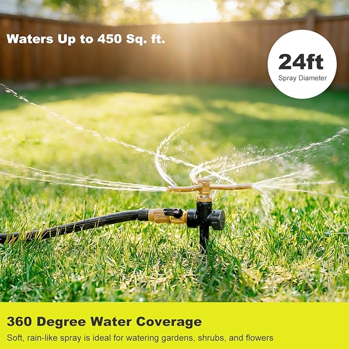 FANHAO 2 Pack Metal Lawn Sprinklers with Spike Base, Heavy Duty Automatic Rotary Garden Sprinkler System, 3-Arm Water Sprinkler 360 Degree Large Area Coverage for Plant, Flower Bed and Patio